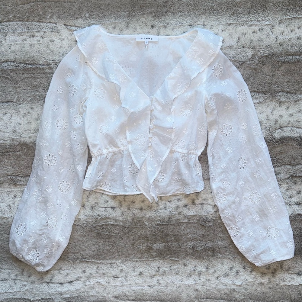 FRAME Ruffle-Front Eyelet Top Size XS - Picture 5 of 16